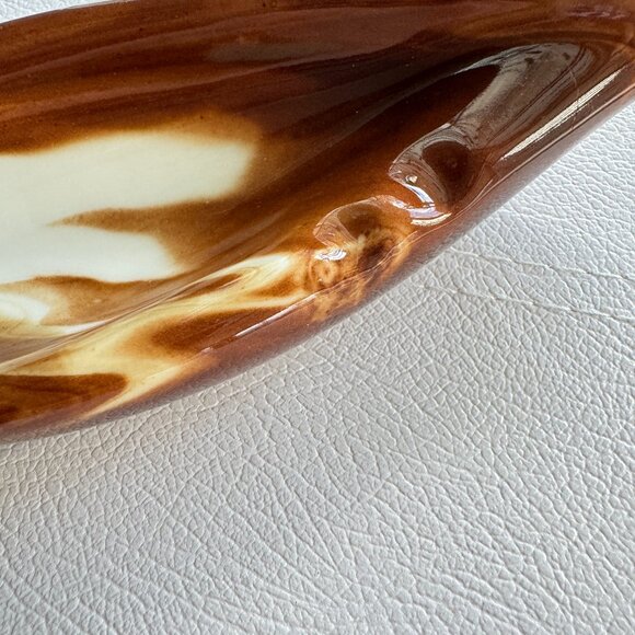 Ceramic Oblong Small Ashtray Trinket Dish Cream and Brown Glossy Leaf - Picture 2 of 6